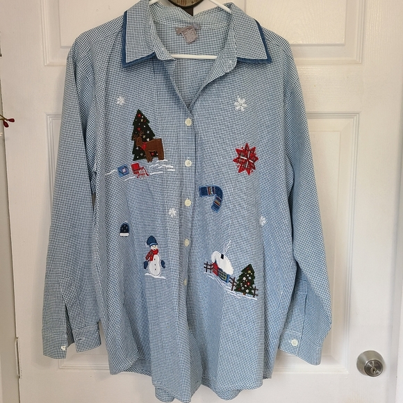 Capacity Woman's Long Sleeve Winter motif Blouse, Size: 1X Color: Blue - Picture 4 of 13